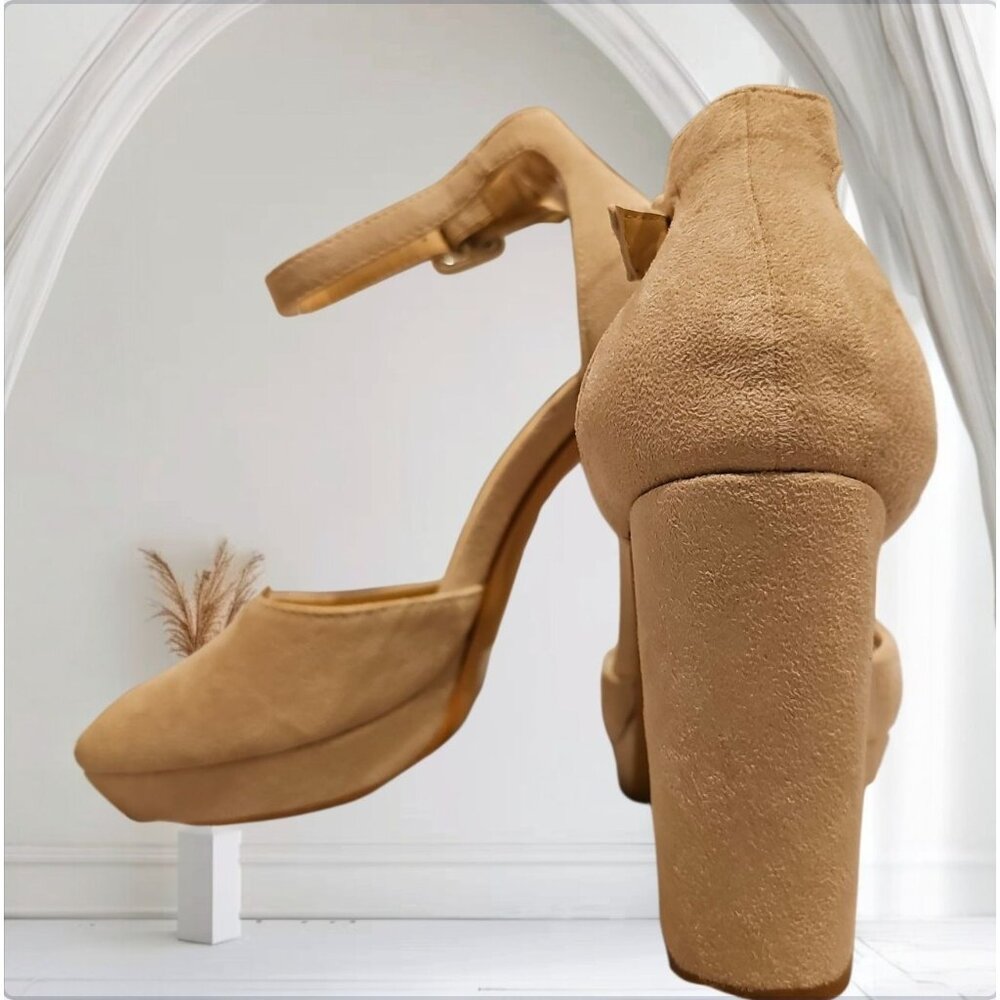 Nude Faux Suede Chunky Heel Platform Ankle Strap Pumps - Picture 5 of 9